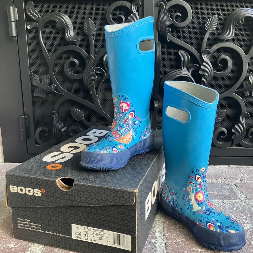 Bogs Vibrant Blue Kids Waterproof Rain Boots w/Whimsical Forest Floral Accents